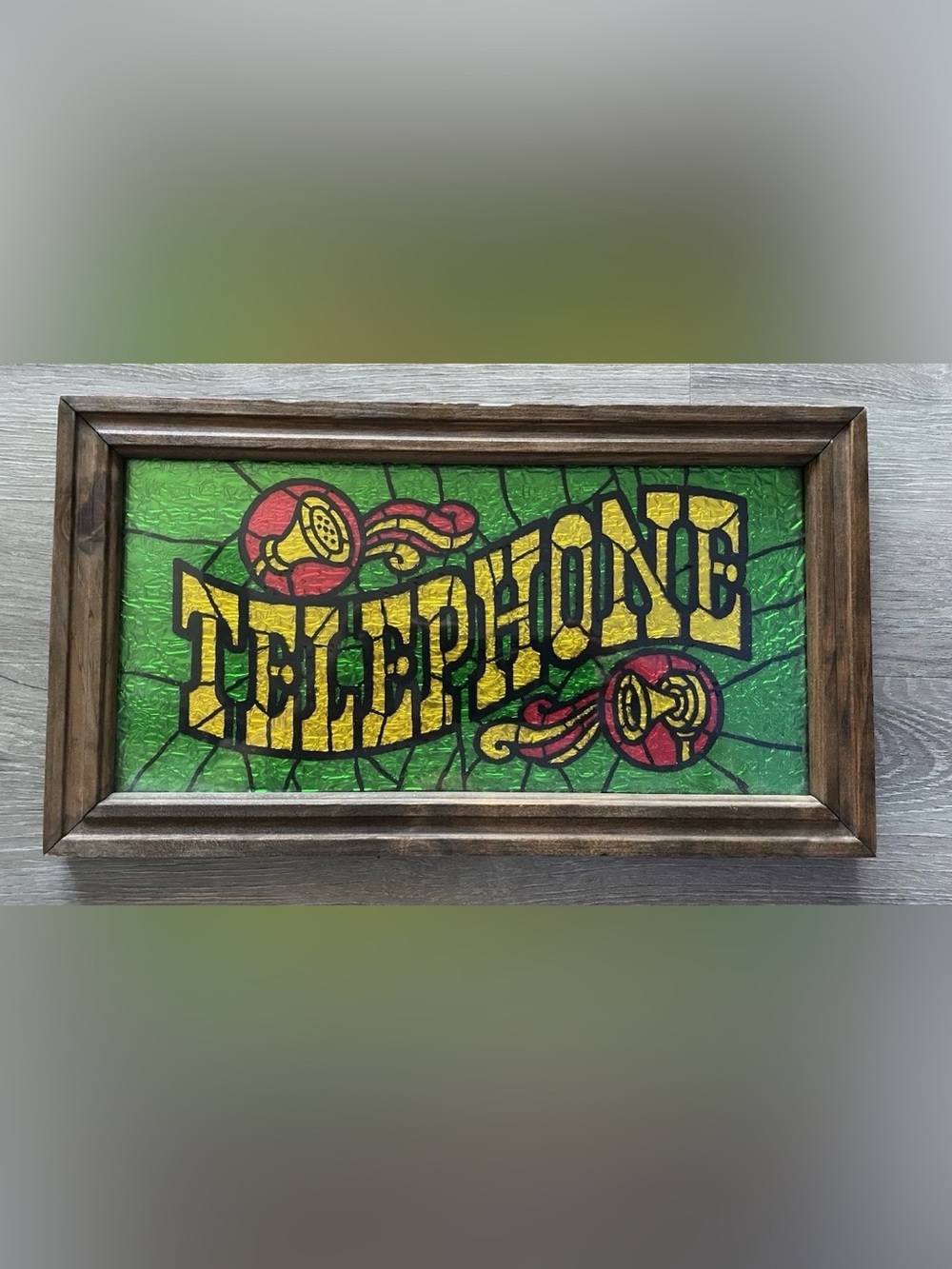 Vintage Faux Stained Glass TELEPHONE Sign Framed Wood Decor 14" x 8" Retro